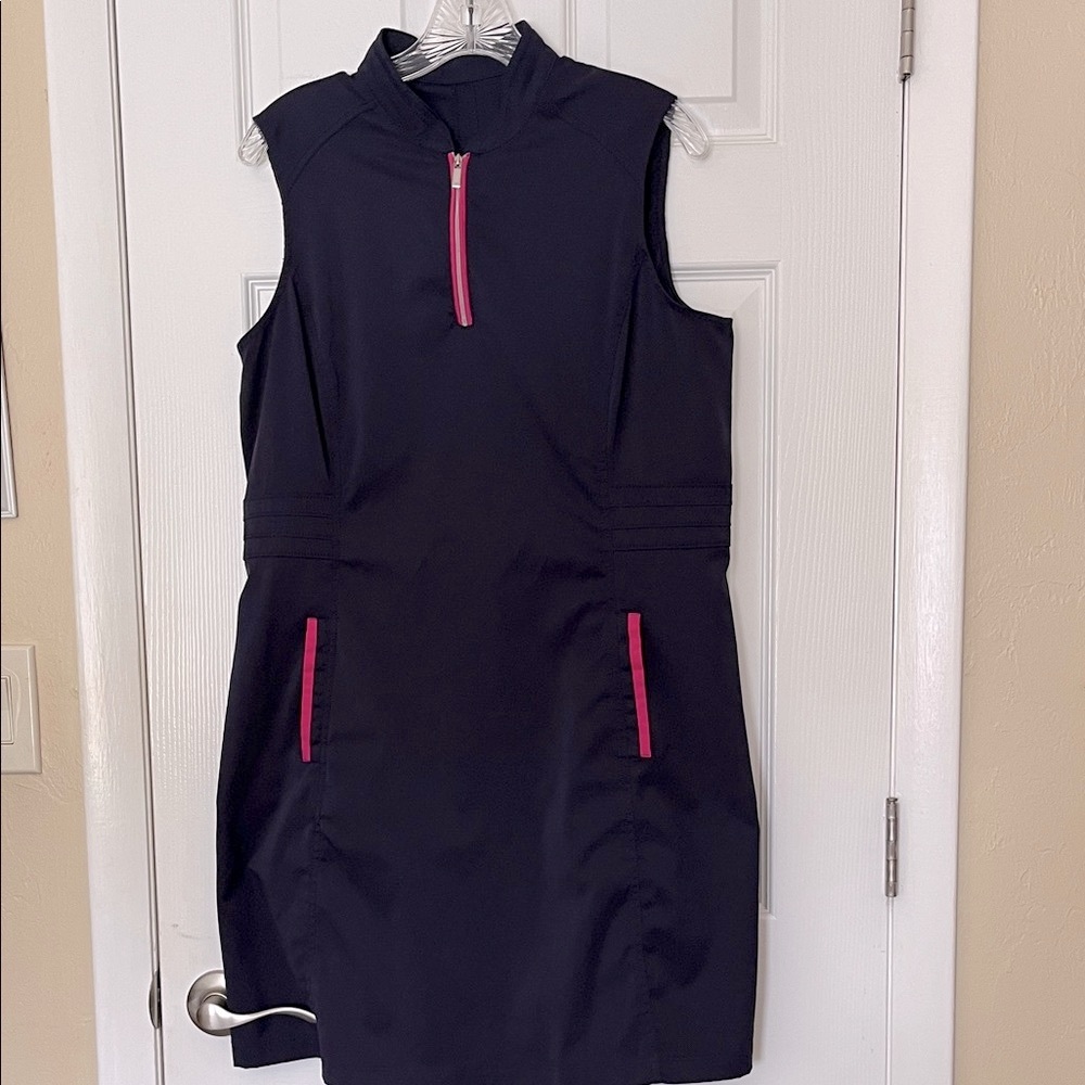 Tail Sleeveless Midi Dress in Navy with Pink Zip Accents